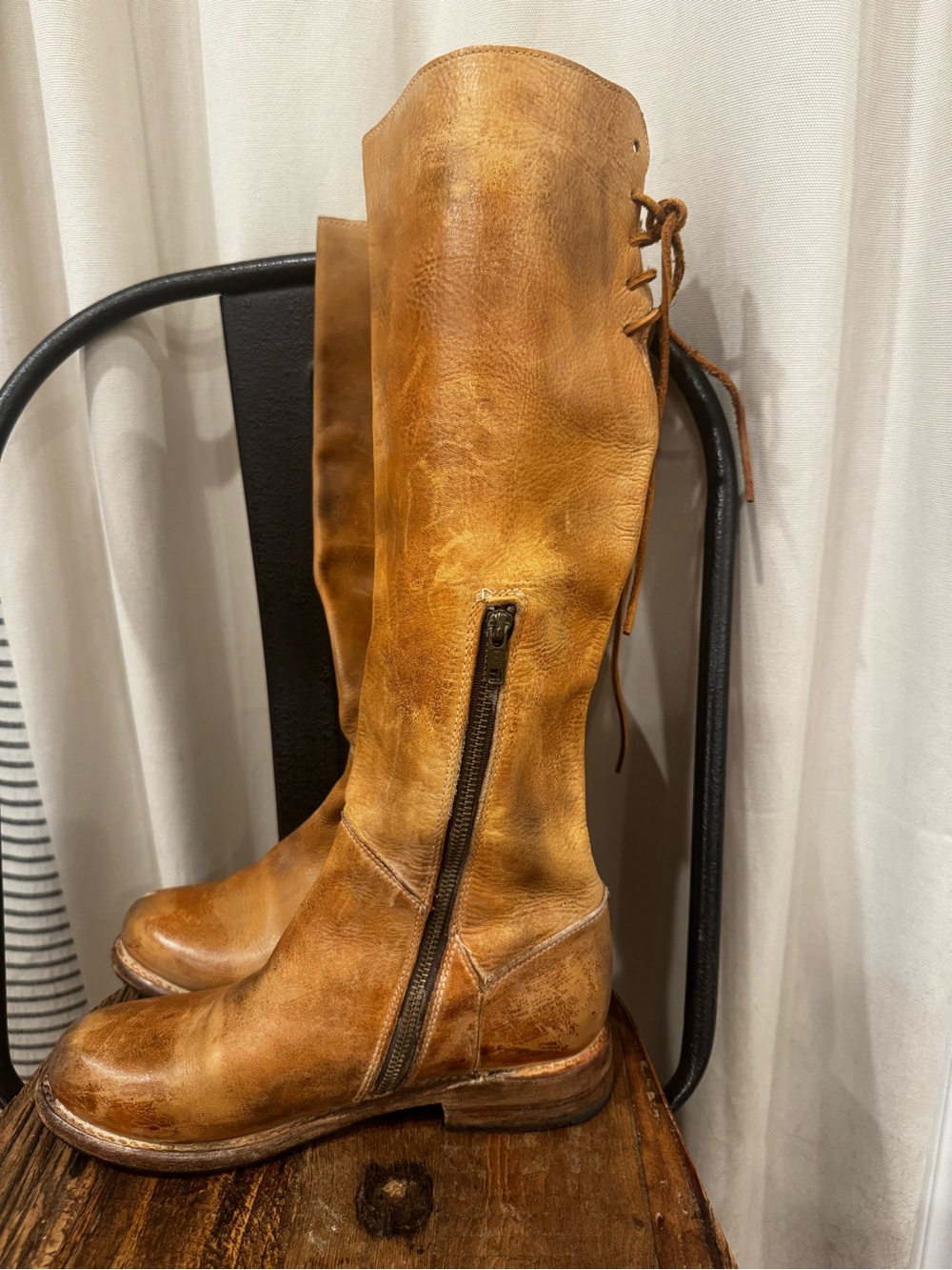 Bed|Stü Tall Distressed Leather Boots Cognac Brown Lace Up Zip Boho